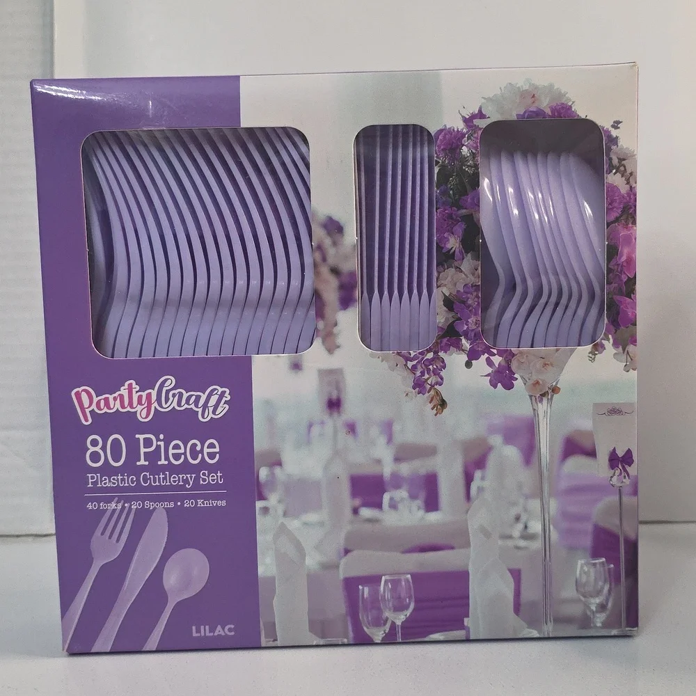 Party Craft Lilac 80 Piece Plastic Cutlery Set, New-in-Pack